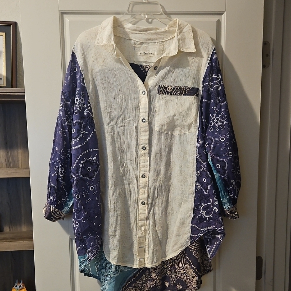 We The Free Cream and Navy Patterned Shirt